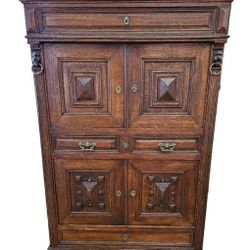 Antique Oak Pilaster Cupboard Cabinet/ Server