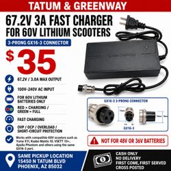 NEW 67.2V 3A Fast Charger for 60V Lithium Scooter Battery – 3-Prong GX16-3