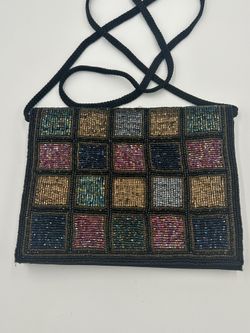 Vintage La Regale Beaded Evening Purse, Black With Rainbow Colored Squares