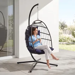 SereneLife Hanging Egg Chair with Stand | Foldable Rattan Wicker Hammock Chair for Patio, Balcony, and Bedroom Use with UV & Weather Resistant Cushion