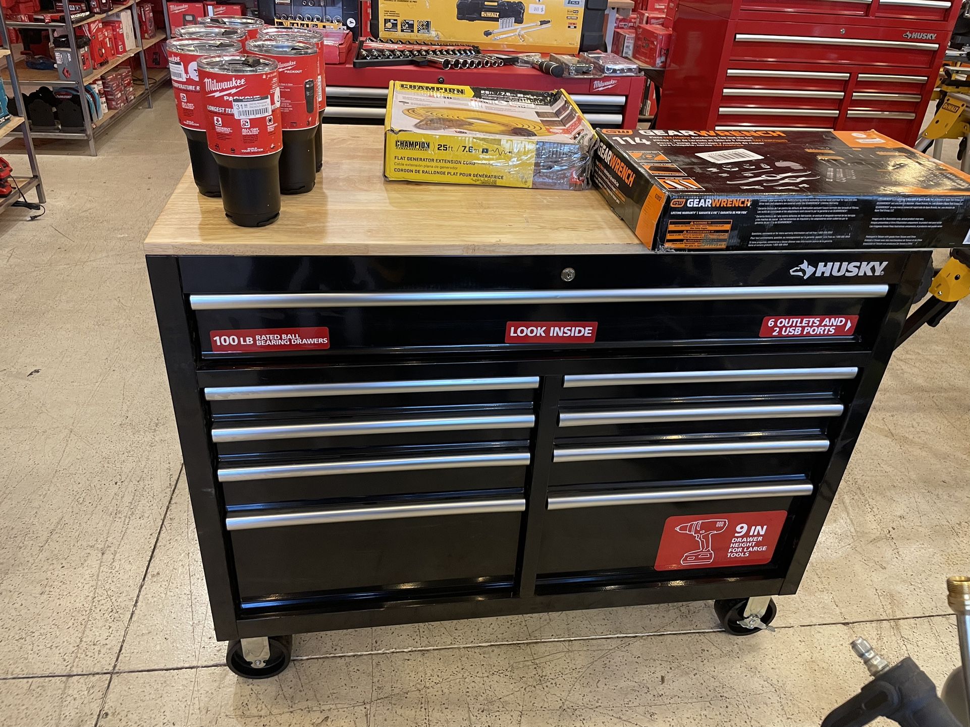 Husky 46 in. W x 24.5 in. D Standard Duty 9-Drawer Mobile Workbench Cabinet with Solid Wood Top in Gloss Black 1002811059