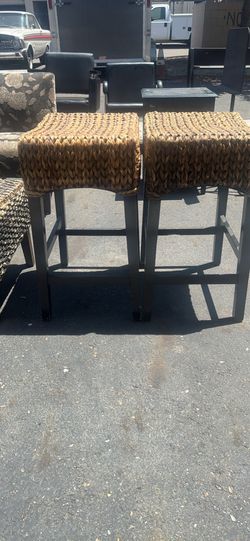 Pair of Woven Seagrass Backless Bar Stools