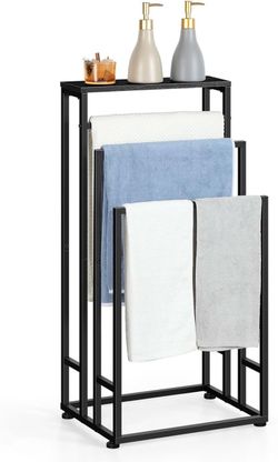 3-Tier Standing Metal Towel Holder with Wood Top Shelf - Freestanding Bathroom Towel Storage and Blanket Organizer, Black