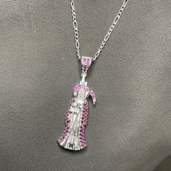 Santa Muerte Pendant w/ 20” Figaro Chain – 925 Sterling Silver & Pink Stones