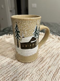 2002 Gunsmoke Hunting Stoneware Mug Winter Cabin Signed Rustic Coffee Cup