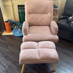 Living Room Set with Recliner Accent Chair and Ottoman with Side Bags,Pink Linen