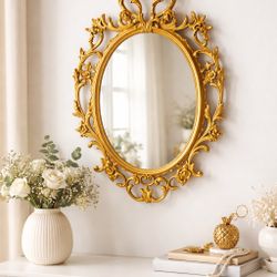 Vintage Gold Ornate Wall Mirror 32” – Hollywood Regency / MCM Decor