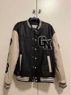 Bershka Men's Varsity Jacket Faux Leather Black/Beige Snap Front Lined M