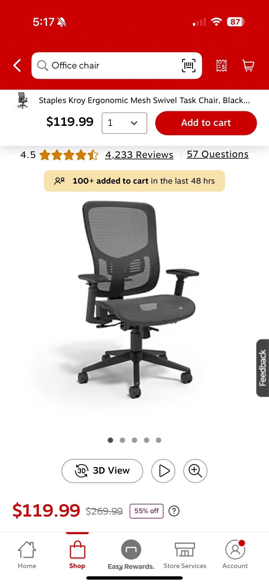 Staples Kroy Ergonomic Mesh Swivel Task Chair, Black