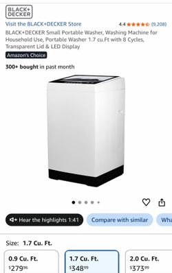 BLACK+DECKER Small Portable Washer, Washing Machine for Household Use, Portable Washer 1.7 cu.Ft with 8 Cycles, Transparent Lid & LED Display