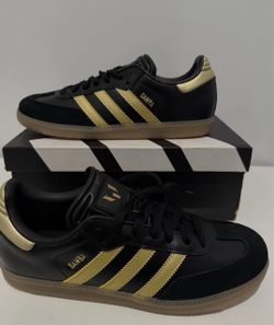 Sz US 6 Adidas Samba Black/Gold Low Top Lace-Up Sneakers Gum Rubber Sole JH5641