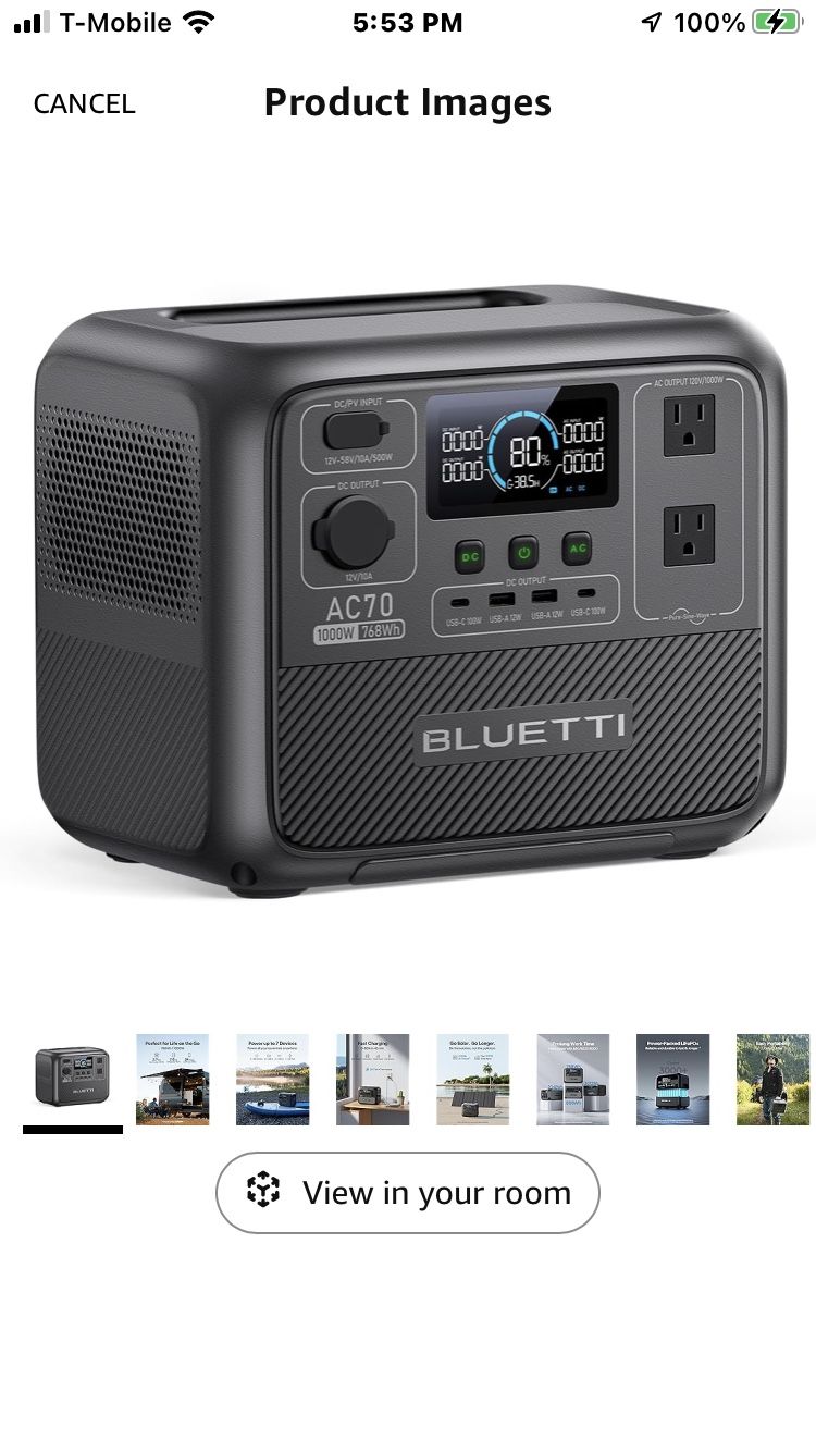 BLUETTI Portable Power Station AC70, 768Wh LiFePO4 Battery Backup