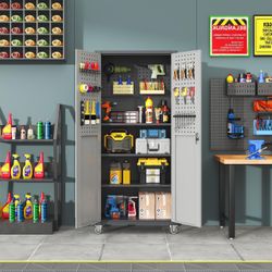 71" Steel Storage Cabinet with Wheels, Black/Gray, Garage Tool Organizer Steel construction, Black and gray finish, 71-inch height, Rolling casters, W