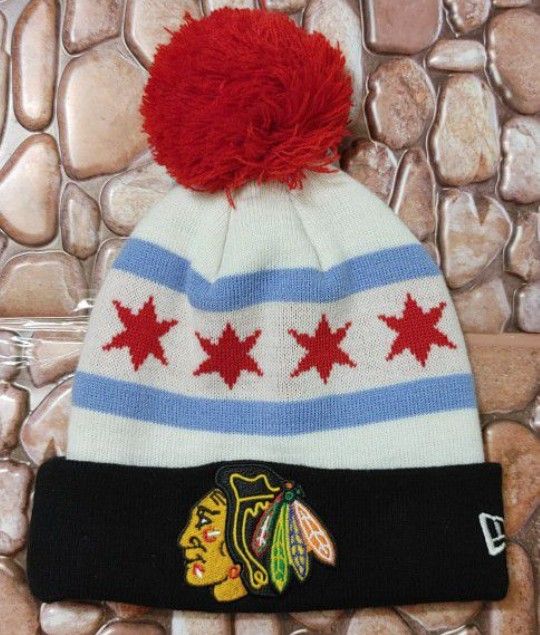 Chicago Blackhawks New Era "CHICAGO CITY FLAG CROWN" Cuffed Knit Beanie W/Pom (NW/OT) UNWORN!😇 IMMACULATE CONDITION!👀🤯Please Read Description. 