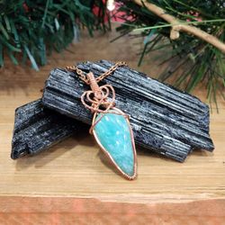 Amazonite Gemstone Pendant Wire Wrapped In Copper