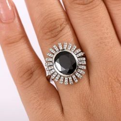 Thai Black Spinel, White Zircon Starburst Ring (Size 8)