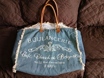 Large canvas/denim tote with leather handles