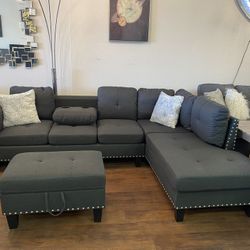 New! Charcoal Gray 3PC Sectional and Ottoman 