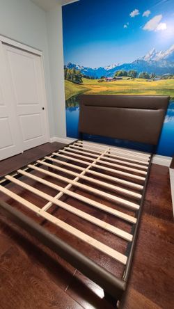 Brown Faux Leather Platform Bed Frame