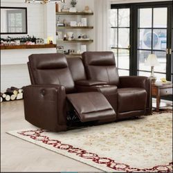 NEW. Brown Leather Power Reclining Modular Chair (Left Side). Read!