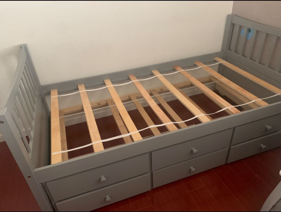 Grey Twin Bed Frame With Pullout And 3 Drawers