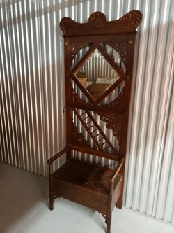 Antique Victorian Wooden Hall Tree with Mirror