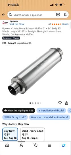 Upower 4" Inlet Diesel Exhaust Muffler 7" x 24" Body 30" Whole Length XS2772 - Straight Through Stainless Steel Welded On Resonator Muffler