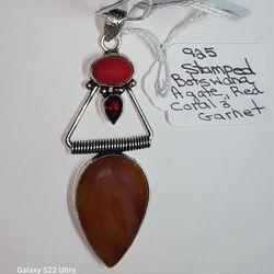 925 Silver Agate Red Coral And Garnet Pendant 