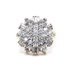 14K Yellow Gold Natural Diamond Cluster Ring | Round & Baguette 1.78 TCW, I I1-I2, Size 7