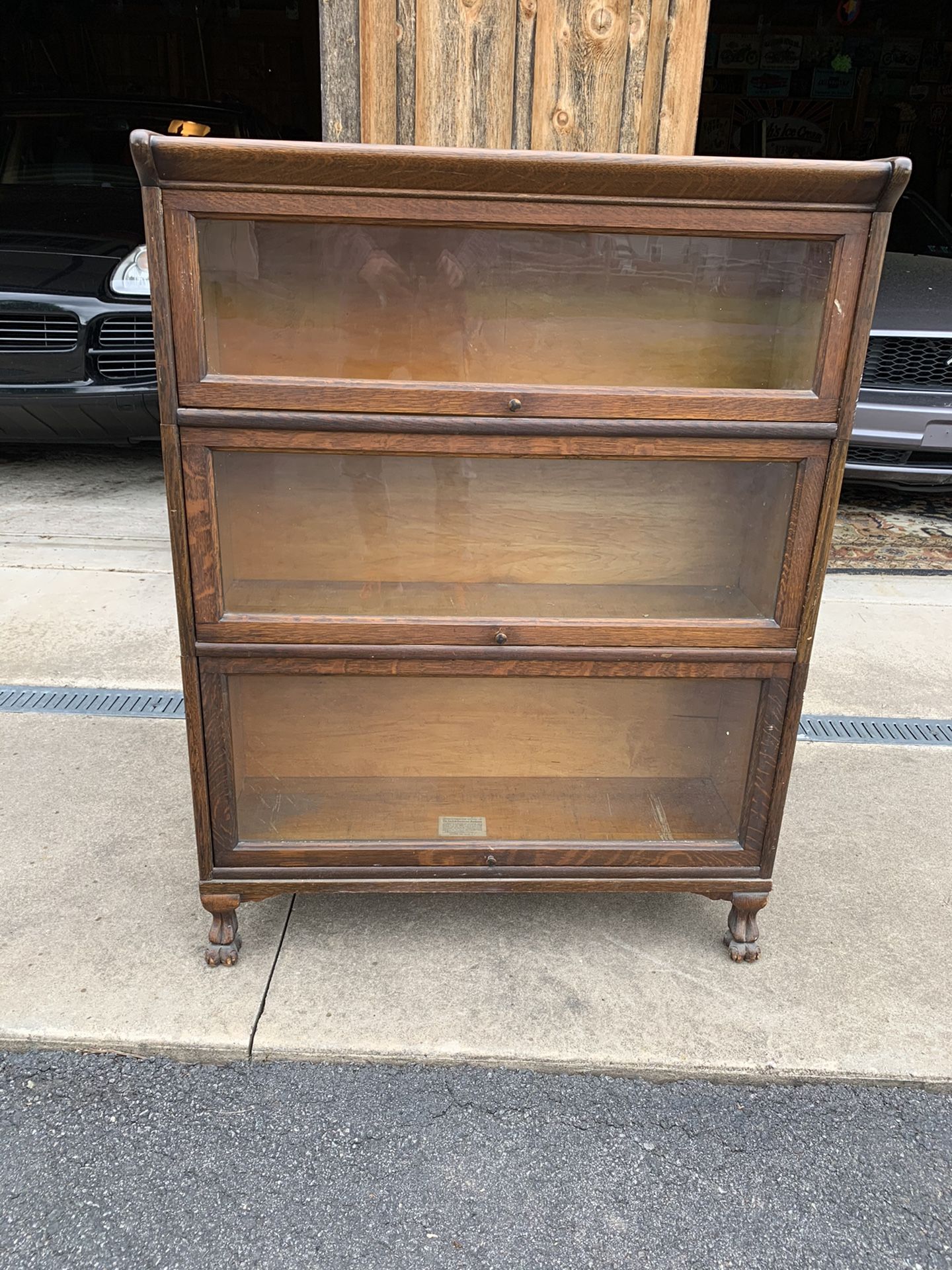 Antique Larkin 3 Section Oak Claw Foot Stacking Barrister Bookcase