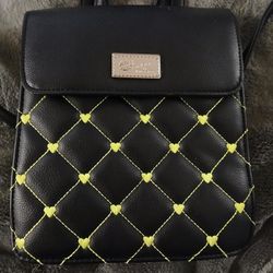 luv betsey Johnson mini backpack black w/ green heart stitch pattern 
