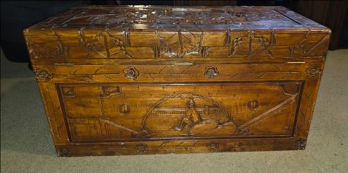 Vintage Hand-Carved Asian Camphor Wood Storage Trunk / Chest