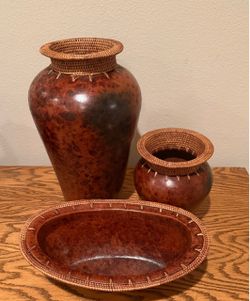 Set of 3 Vintage Indonesian Terracotta & Woven Rattan Vases & Bowl Rustic Boho Brown Earthenware.   1- 16” vase 1- 9” vase  1- 5” boat shaped bowl  Da
