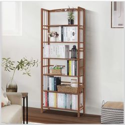 Bamboo 6-Tier Adjustable Bookshelf Bookcase, Multifunction Free-Standing Storage Shelf Narrow Plant Flower Stand for Living Room Kitchen Home, Brown