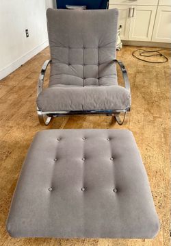 Vintage 1970s Mid-Century Modern Chrome Rocking Lounge Chair & Ottoman Set