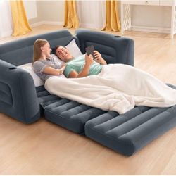 Intex Inflatable Pull-Out Sofa: Velvety Surface, 2-in-1 Valve, Cupholder, 46" x 88" x 26" - Blow-Up Couch and Folding Queen Size Air Mattress Bed