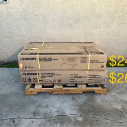 NEW Husky 52” 1-Drawer Adjustable Height Gloss Black Worktable & 46” 2-Drawer Adjustable Height Black Worktable