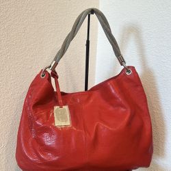 Furla Red Leather Purse with Silver Chain Braid Strap 