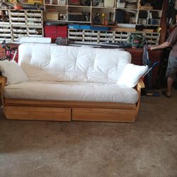 Queen Size Wood Futon Almost New Condition With Cover And Drawers