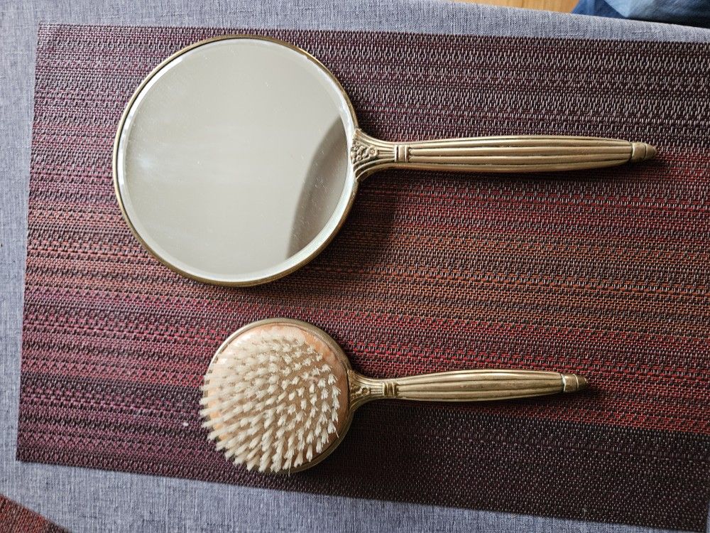 Vintage Bruss And Mirror Set