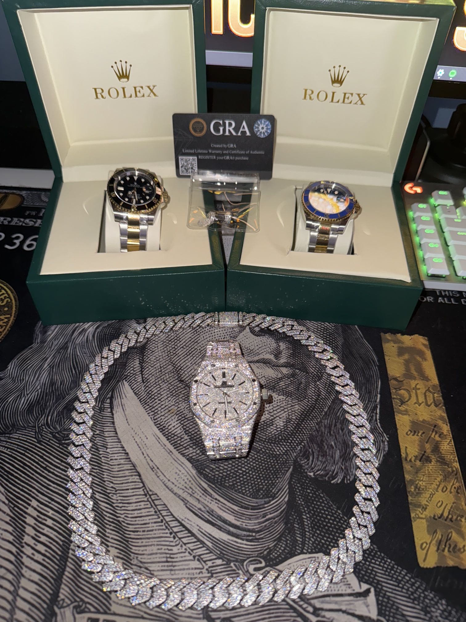 Custom Moissanite Watch+ 24 Inch Moissanite Chain. High-Quality, Stainless Steel