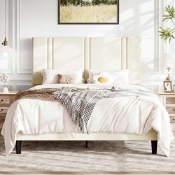 Queen Platform Bed Frame with Velvet Upholstered Headboard Upholstered Bed Frame with Adjustable Headboard, Vertical Channel Tufting, Sturdy Wood Slat