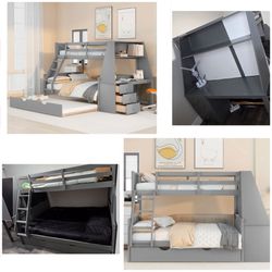 Wood 3 Bed Full Bunk Beds with Twin Trundlle, Built-in Desk with Shelf & 3 Drawers for Kids Teens