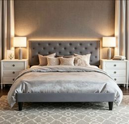 Queen Upholstered Bed Frame with Adjustable Headboard, Grey Velvet , easy Assembly.
