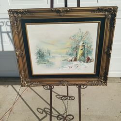 Small vintage framed winter farm with red barn oil on canvas painting signed Linda