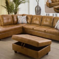 Carmel Leather Sectional Couch And Ottoman 