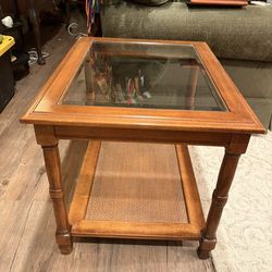Vintage Wood Side Table Glass Top Woven Shelf