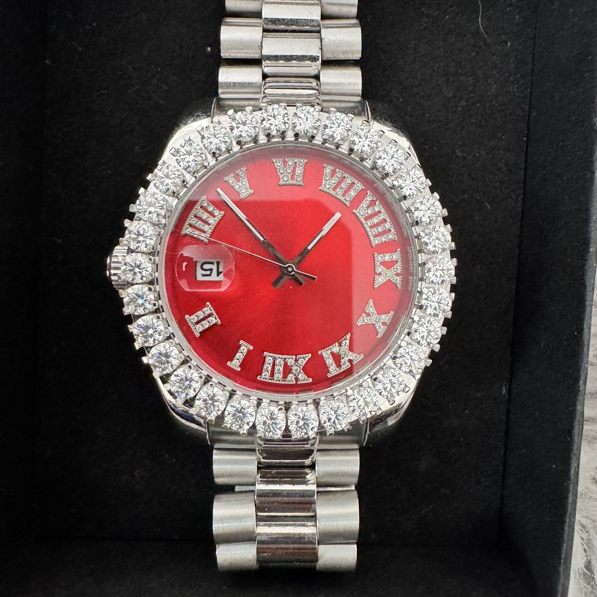 Custom 16CTW Moissanite Presidential Watch β Red Dial Iced Out Menβs Quartz 8β
