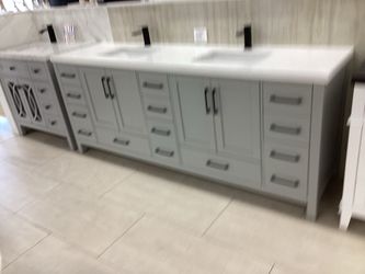 84” bathroom vanity cabinet new solid wood fully assembled Softclose drawers Quartz top sinks attached ready for pick up today