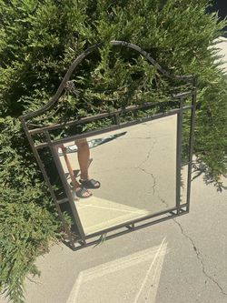 Spanish Revival Style Wrought Iron Wall Mirror with Scroll Crest & Rope Twist Detail